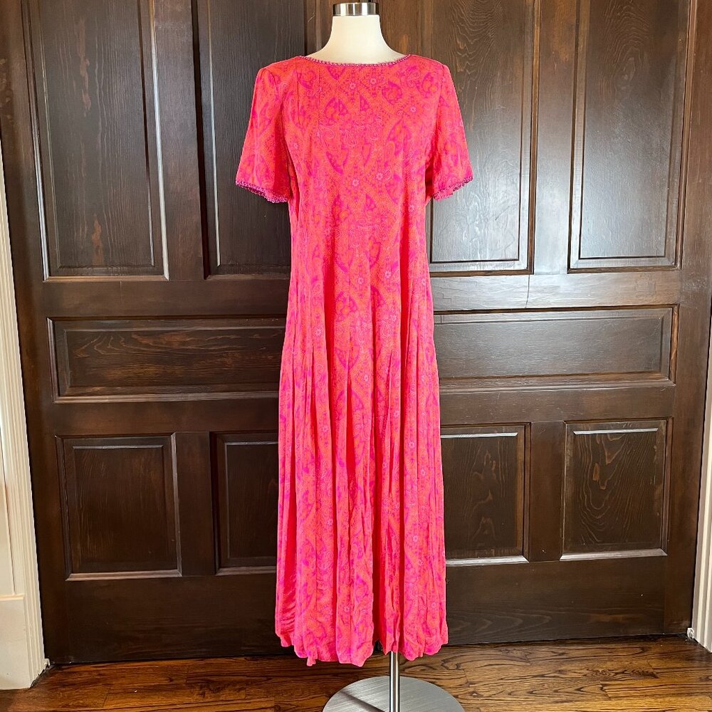 Sarah Elizabeth Vintage Maxi Dress Sz 14 Drop Waist Beaded Paisley Pleated Rayon